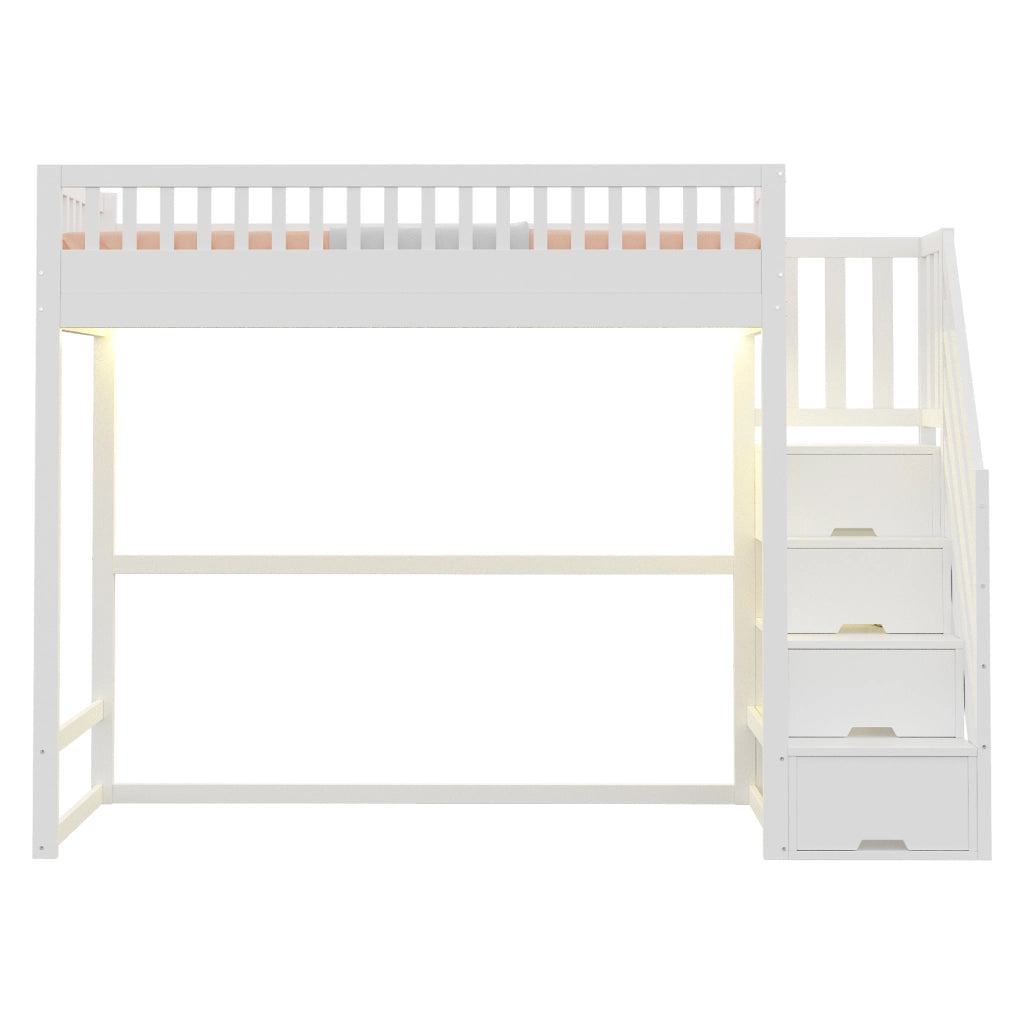 Letto a soppalco 90x200 cm in legno con scala contenitore e LED; bianco