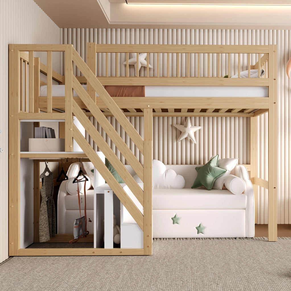Letto rialzato per bambini 90x200 cm con scala contenitore; in legno