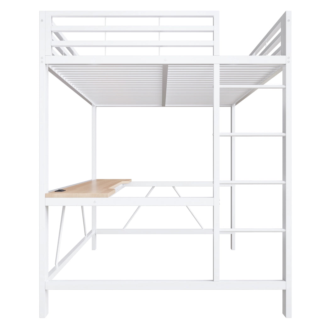 Letto a soppalco 140 × 200 cm con scrivania LED e ricarica USB in metallo e MDF bianco