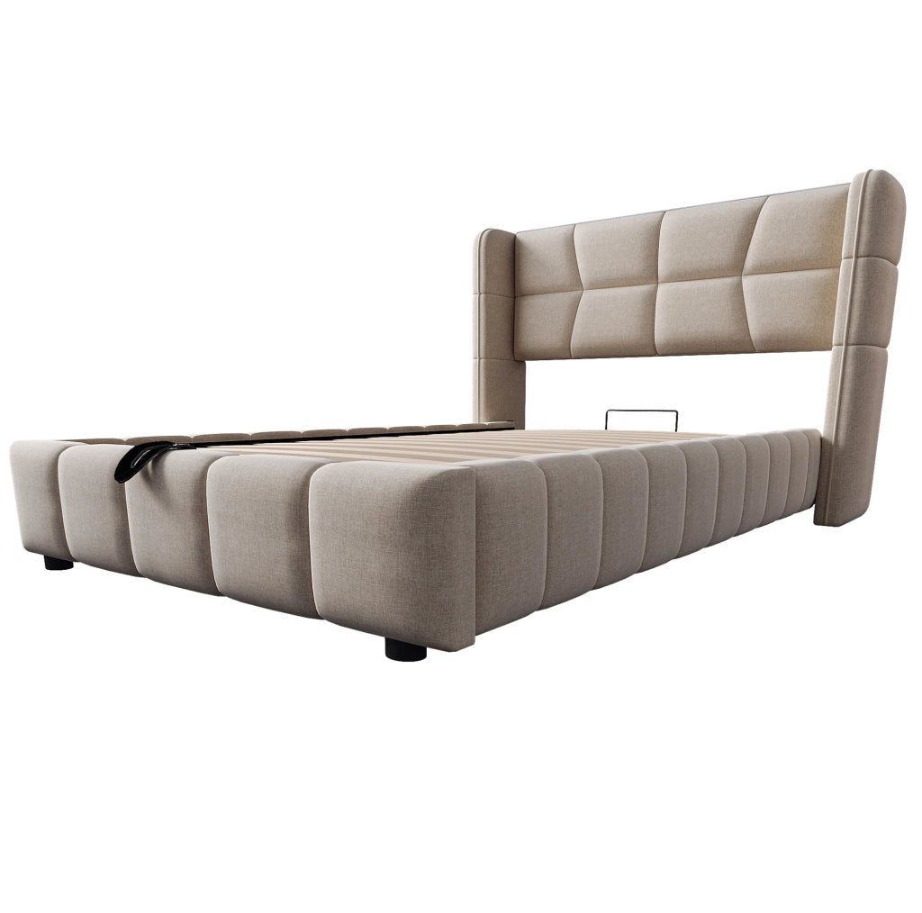 Letto imbottito 90x200 cm beige con contenitore e sollevamento