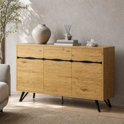 Credenza a 3 ante effetto legno con gambe in metallo nere per soggiorno e sala da pranzo 140 × 40 × 75.5 cm