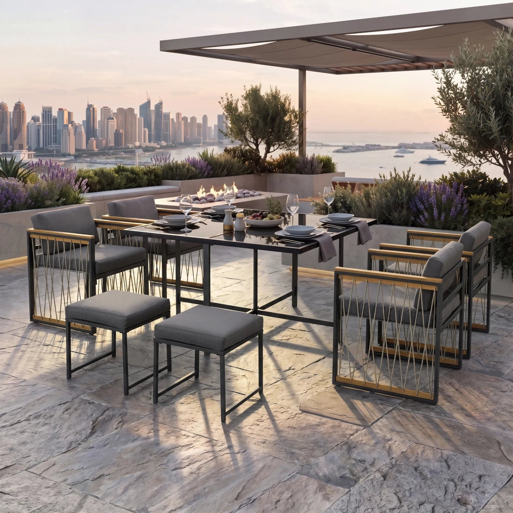 Set pranzo esterno 7 pezzi per 6 persone, tavolo in vetro temperato con braccioli in plastica e legno, ideale per giardino e terrazza