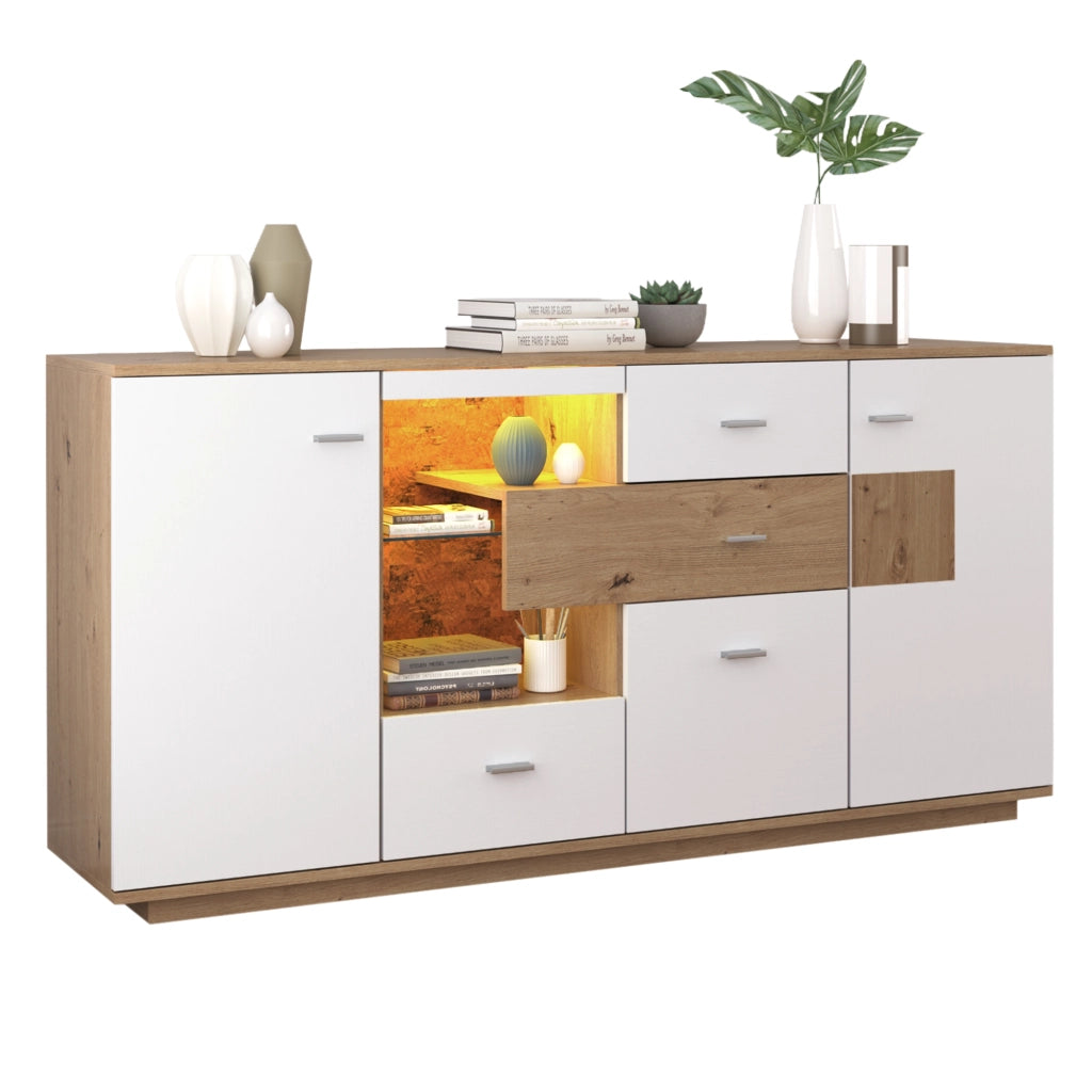 Madia con LED a 16 colori 2 ante 4 cassetti ripiani regolabili per soggiorno bianco effetto legno 160 × 40 × 77 cm