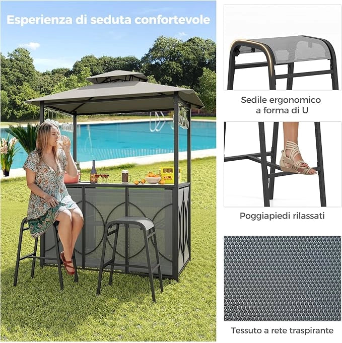 Set Bar da Patio a 3 Pezzi, Gazebo per Griglia e 2 Sgabelli da Bar con Tavolo in Vetro Temperato, Ripiani in Metallo, Portabicchieri, per Giardino Cortile e Spiaggia (Grigio)