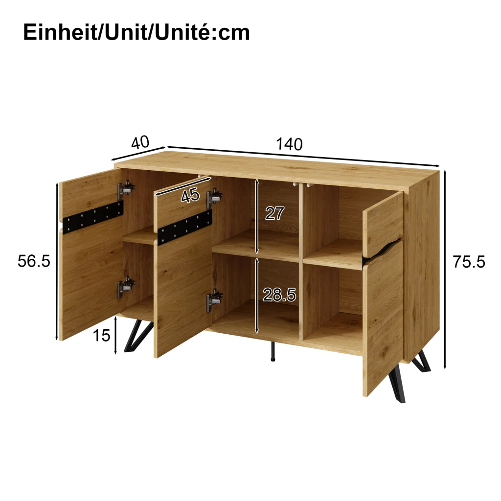 Credenza a 3 ante effetto legno con gambe in metallo nere per soggiorno e sala da pranzo 140 × 40 × 75.5 cm