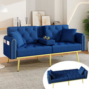 Divano letto multifunzionale in velluto blu con schienale regolabile e portabicchieri