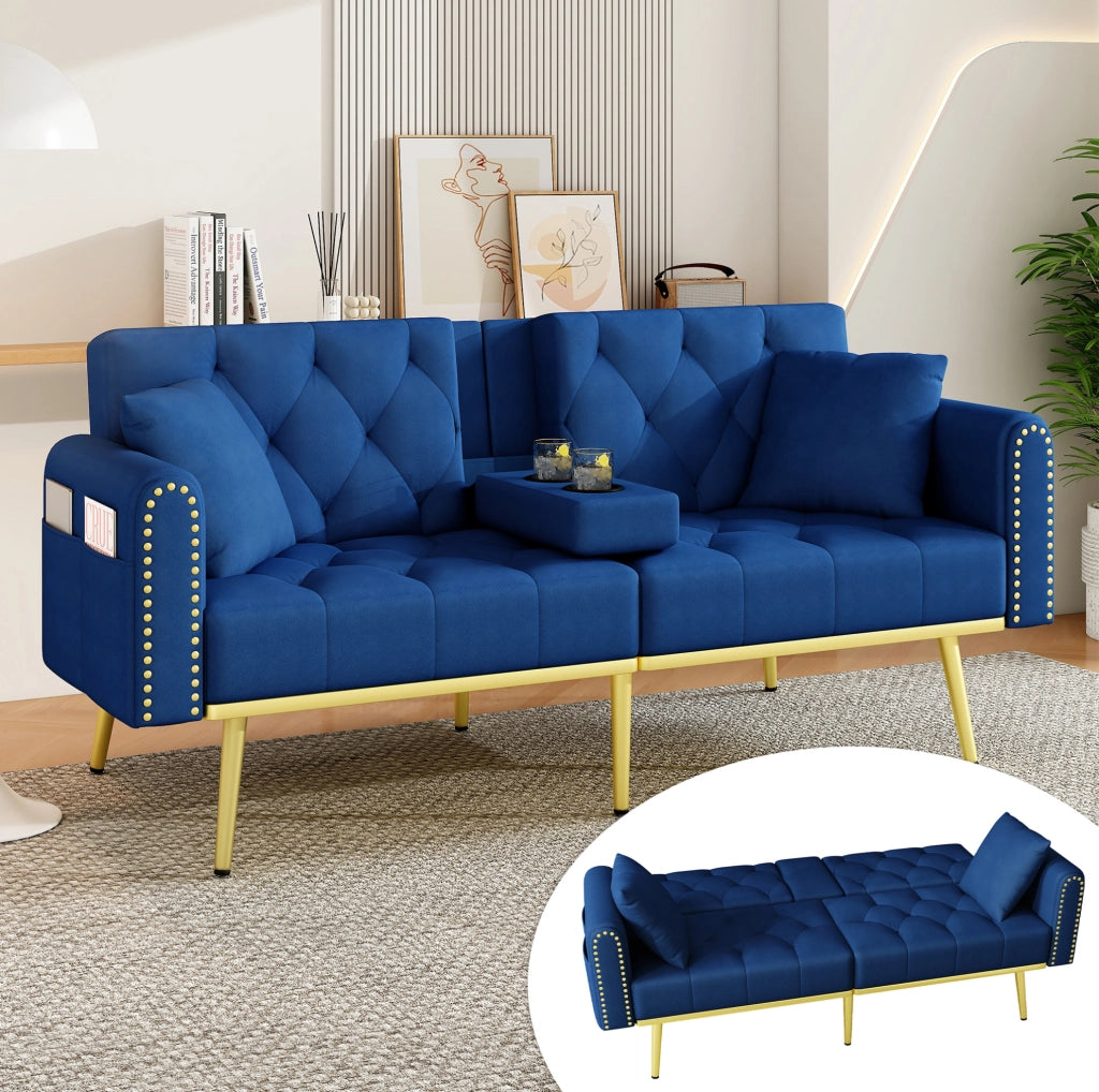 Divano letto multifunzionale in velluto blu con schienale regolabile e portabicchieri