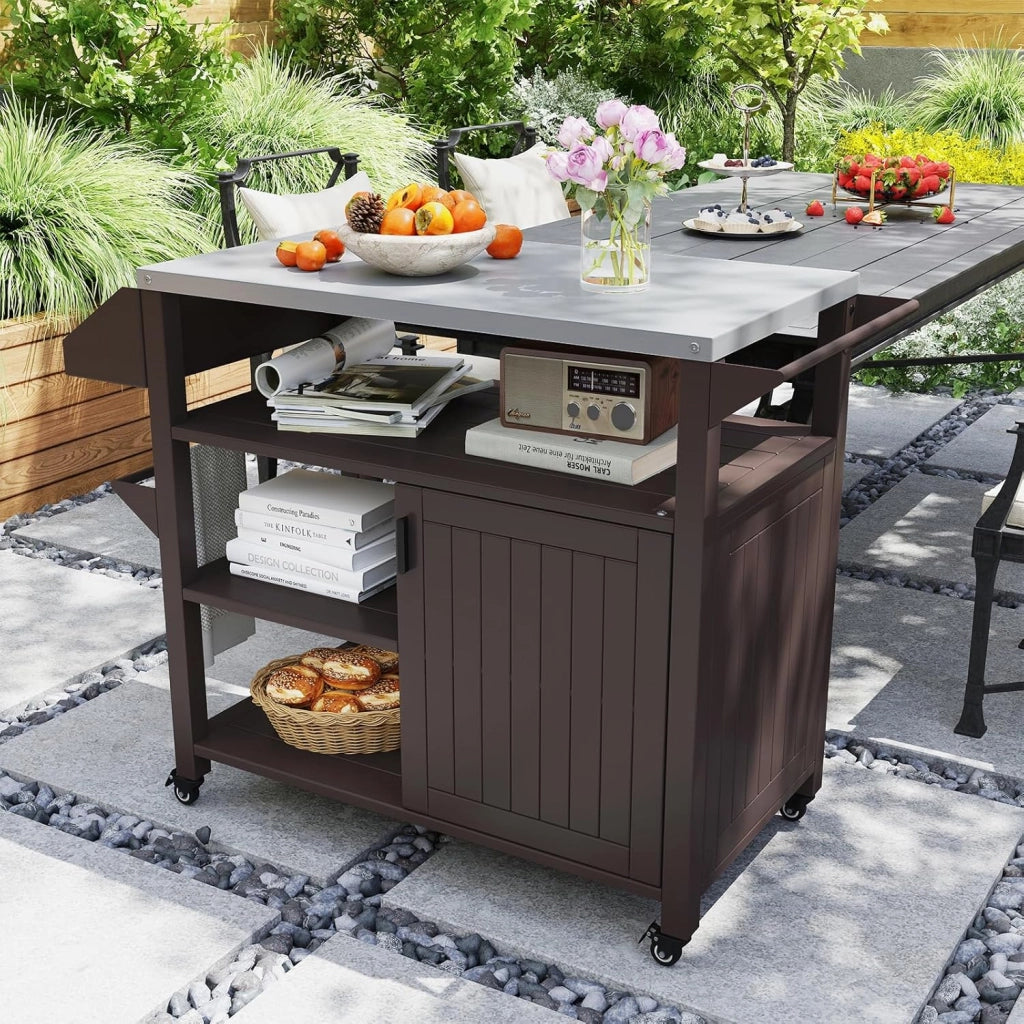 Carrello per Grill da Esterno, Carrello in Metallo con Armadietto, Ruote Bloccabili Universali, Ripiani e Piano in Acciaio Inox, Isola da Cucina per Barbecue, Festa e Campeggio