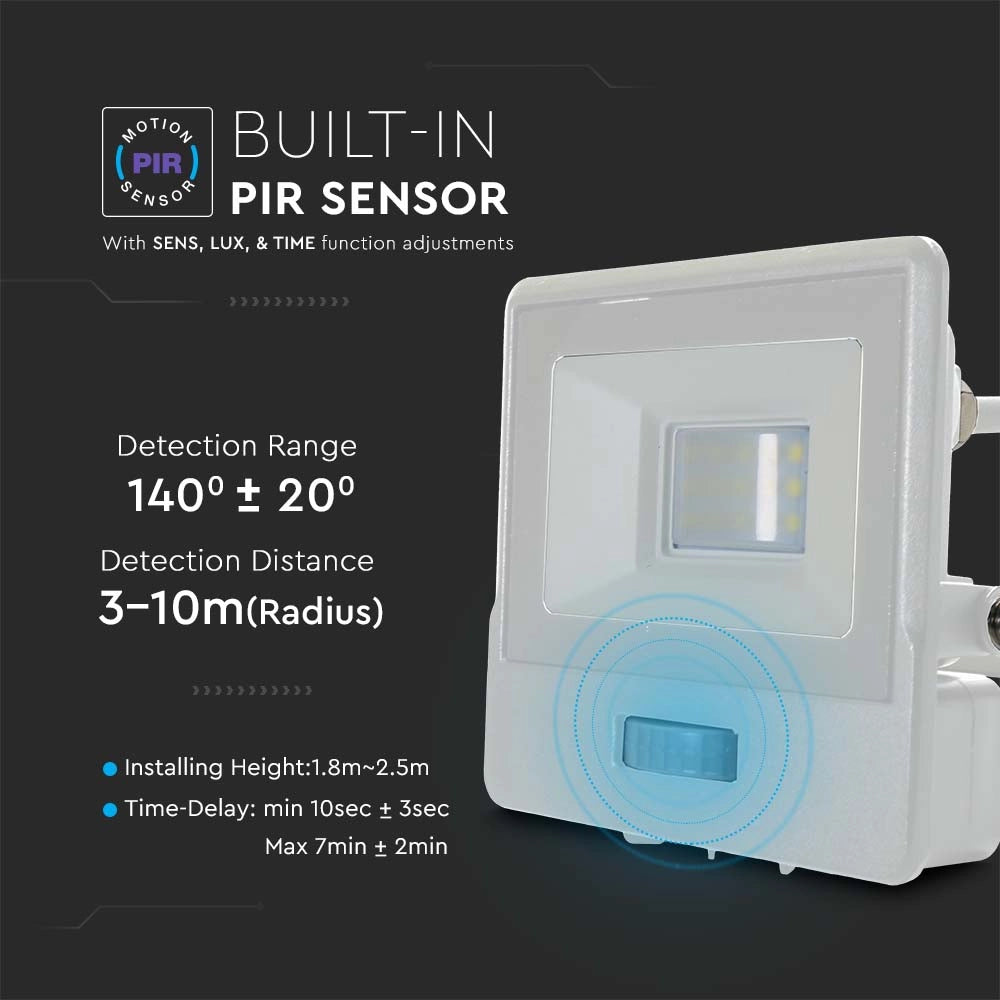 Proiettore LED Sensore PIR 10W SAMSUNG Bianco 6400K Cavo 1m 735lm – V-TAC – VT-118S-1-W