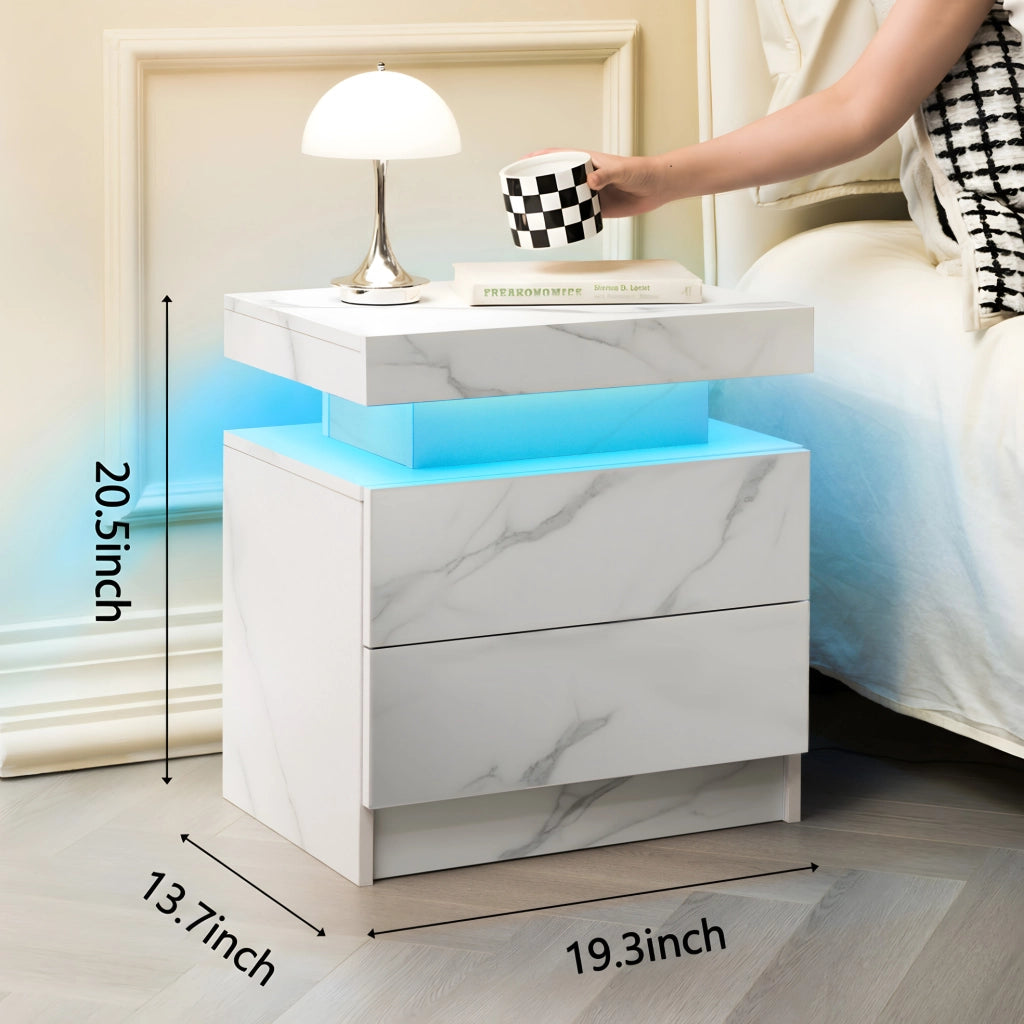 Comodino ULEVR con LED multicolore, 2 cassetti e vano aperto, pannello a base di legno bianco opaco