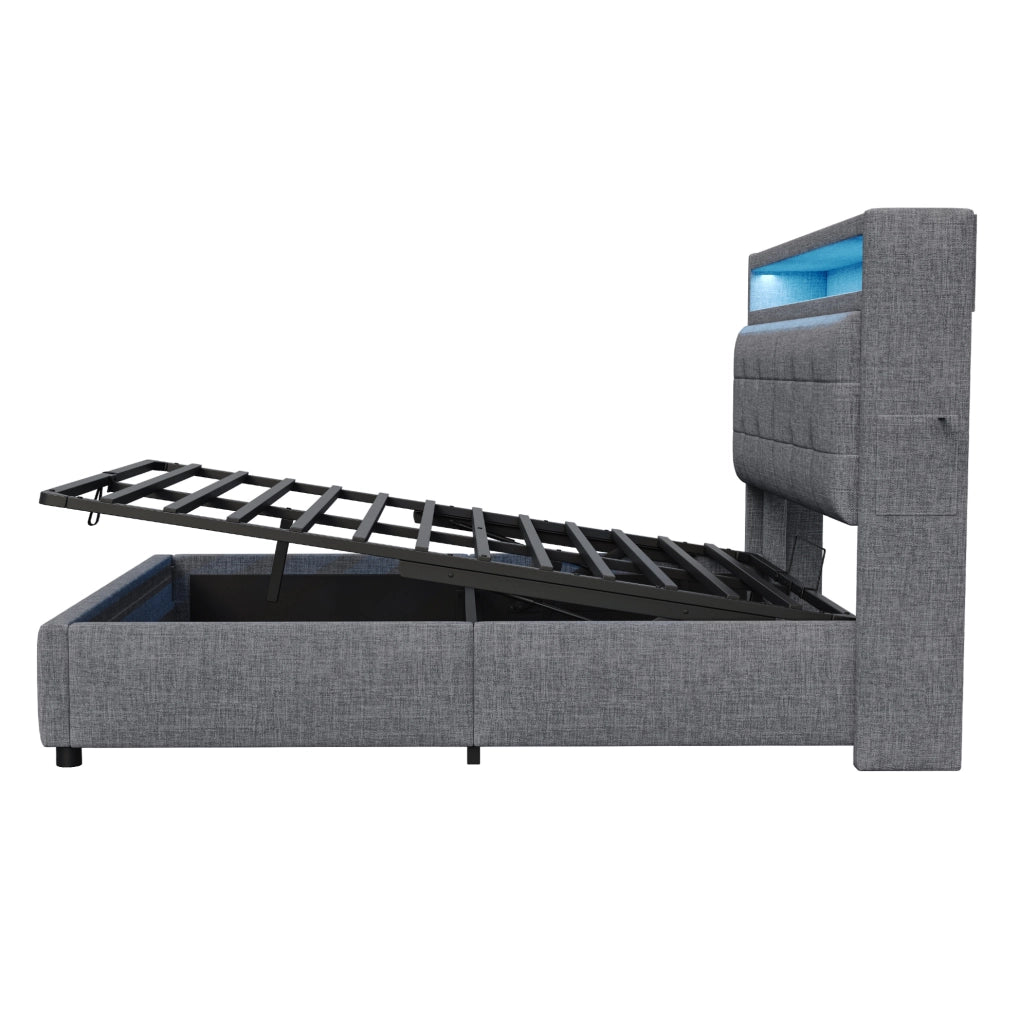 Letto imbottito 160x200 cm con LED, USB e contenitore idraulico