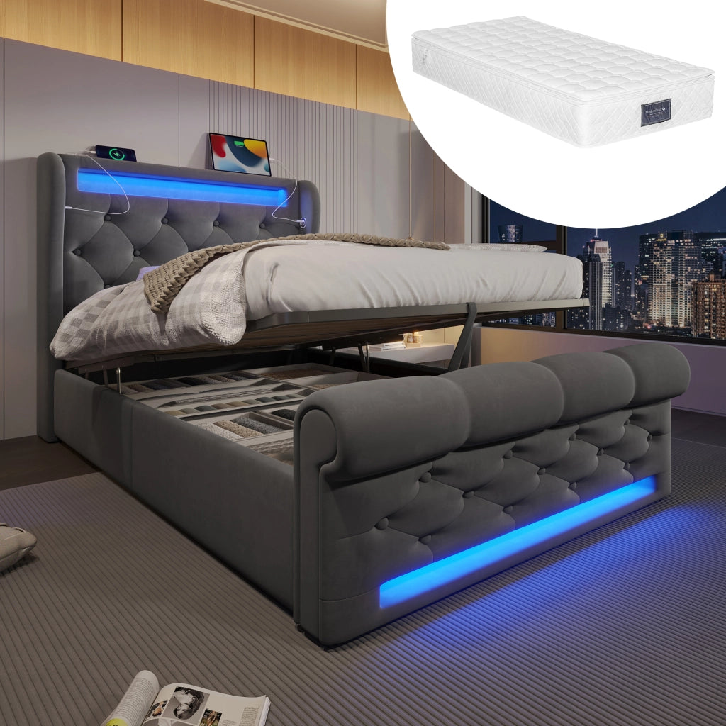 Letto singolo 90x200 cm con materasso e contenitore; grigio