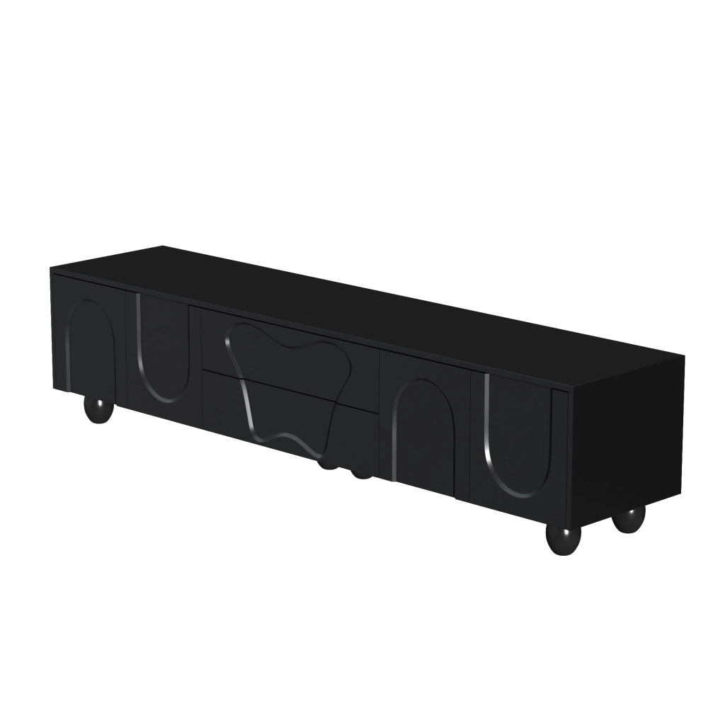 Mobile TV nero 180 cm con gambe in legno massello e ampio spazio contenitivo
