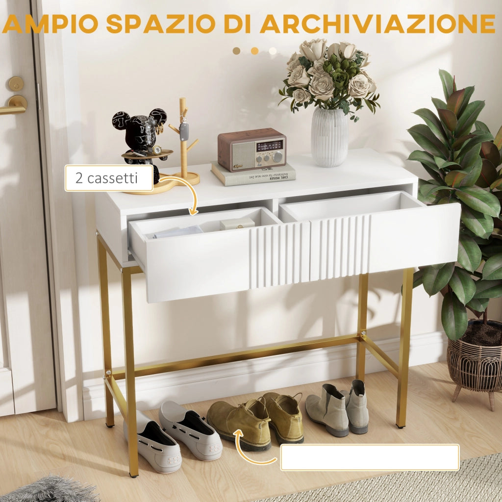 Consolle Ingresso con 2 Cassetti e Gambe Dorate ¨C Minimal ¨C Bianco 80x31.5x75cm