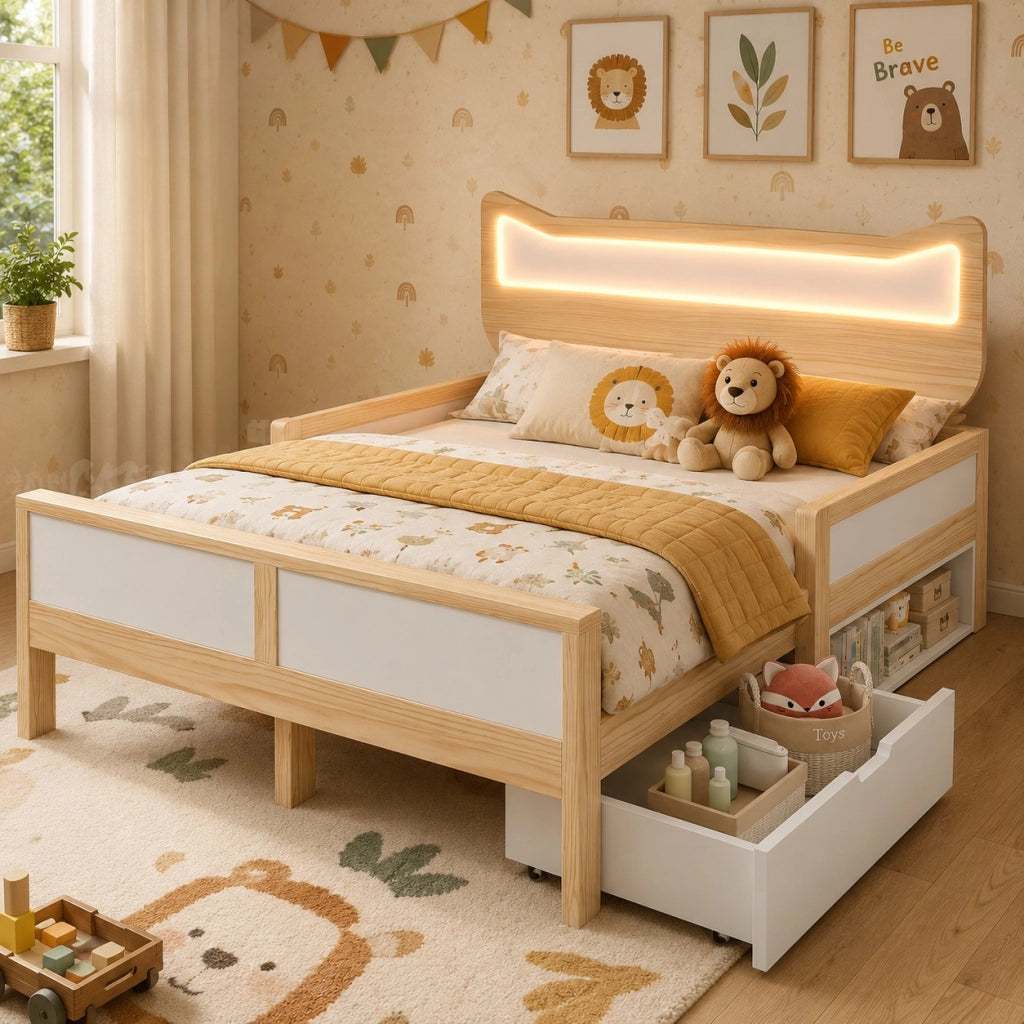 Letto per bambini 140 x 200 cm con testiera a orecchie di gatto, LED RGB, cassetto e vano contenitore