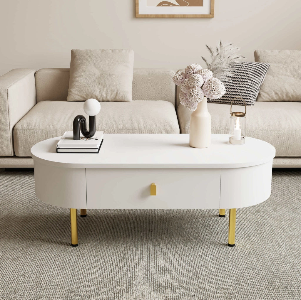 Tavolino da salotto 108x50x40 cm con 2 cassetti; MDF bianco e oro