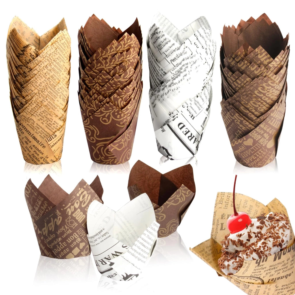 Stampi per muffin in carta, 200 pezzi, forma a tulipano, 4 design