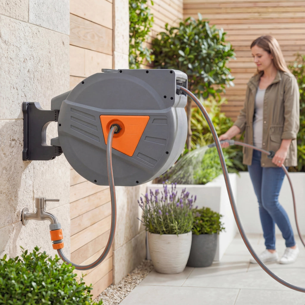Enrouleur Tuyau Arrosage Mural 40+2 m x Ø 15mm, Dévidoir de Tuyaux d'Eau Rétractable Automatique Pivotant à 180°, Orange