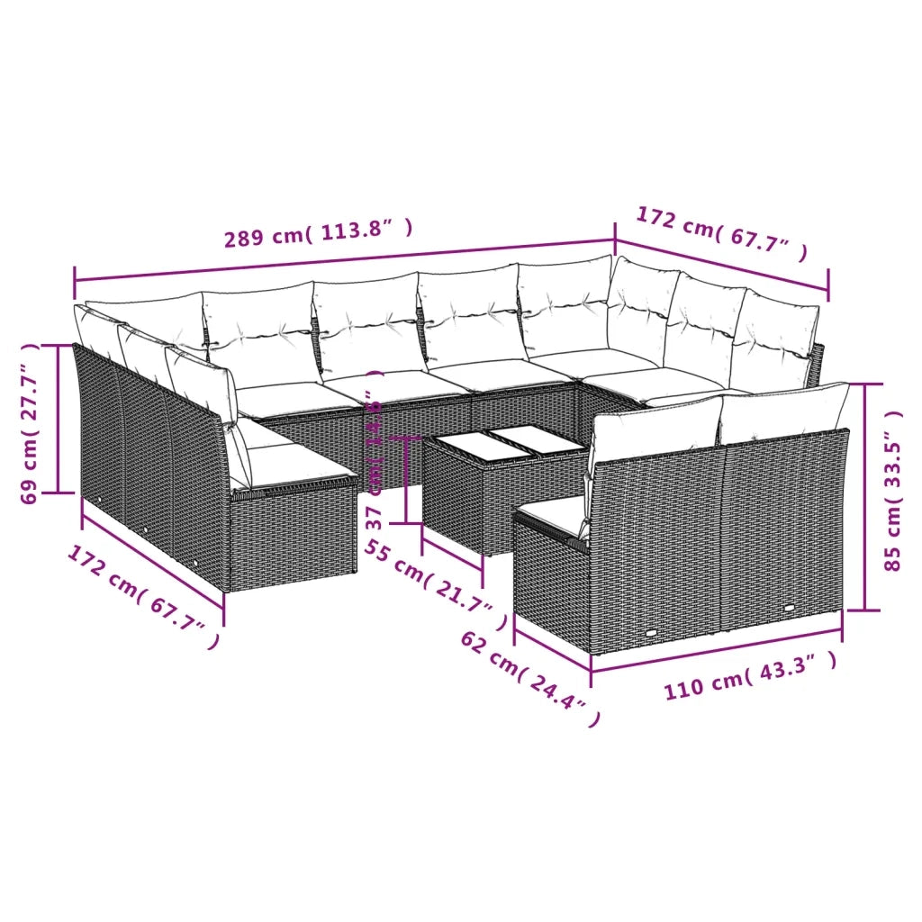 Set Divani da Giardino 12 pz con Cuscini Nero in Polyrattan