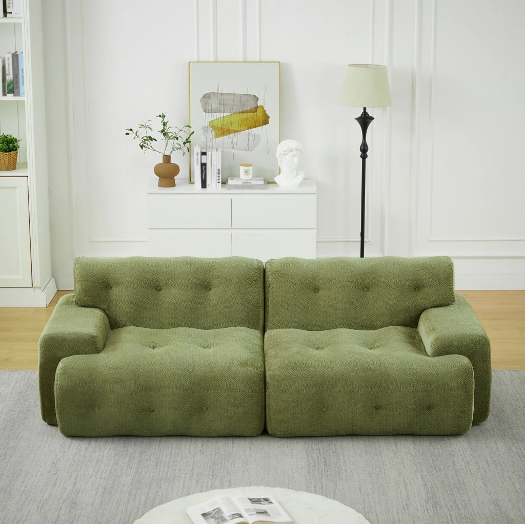 Divano Cloud 2 posti in tessuto ciniglia verde con braccioli larghi e design moderno, 224x104x66 cm