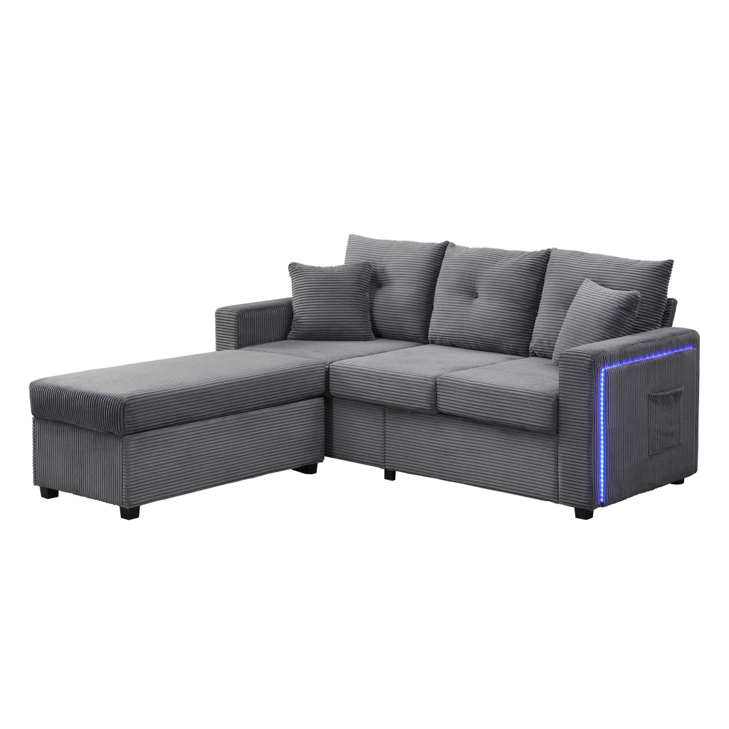 Divano 3 posti con pouf e 5 cuscini; divano angolare a L con luci LED; velluto a coste; grigio antico; 184 cm