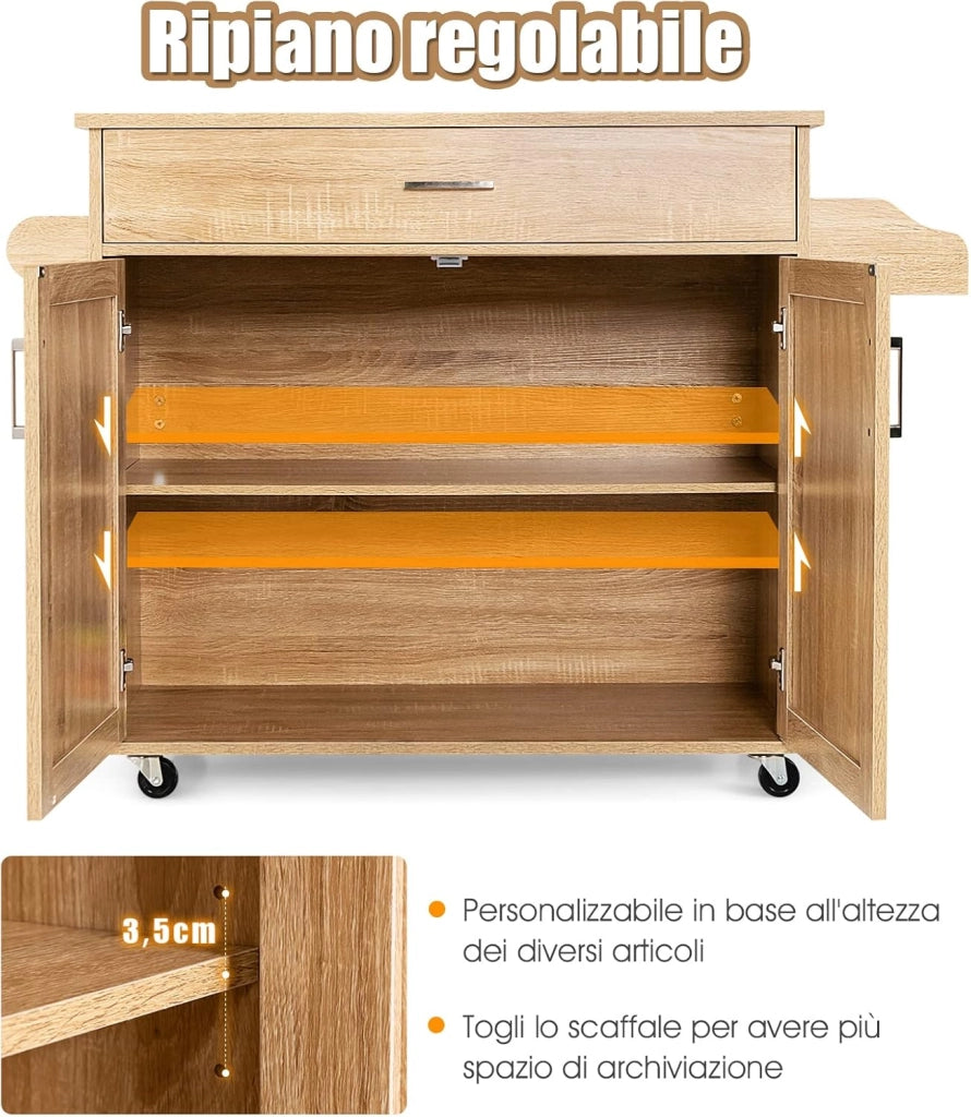 Carrello da Cucina con Ruote di Gomma, Scaffale per Microonde Carrello Servizio, Credenza Cucina Legno Moderno Elegante, 116 x 37 x 85 cm (Naturale)