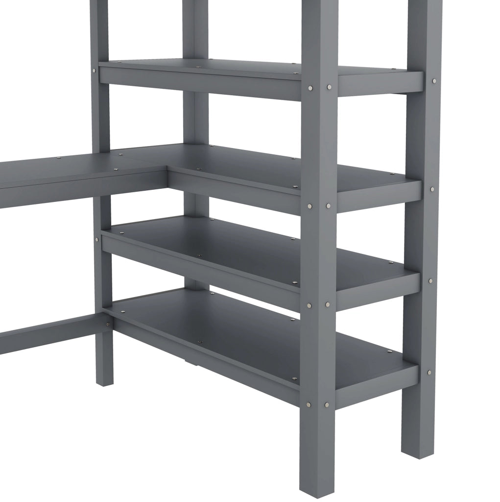 Letto a soppalco per bambini 90x200 cm con scrivania e ripiani, grigio, senza materasso