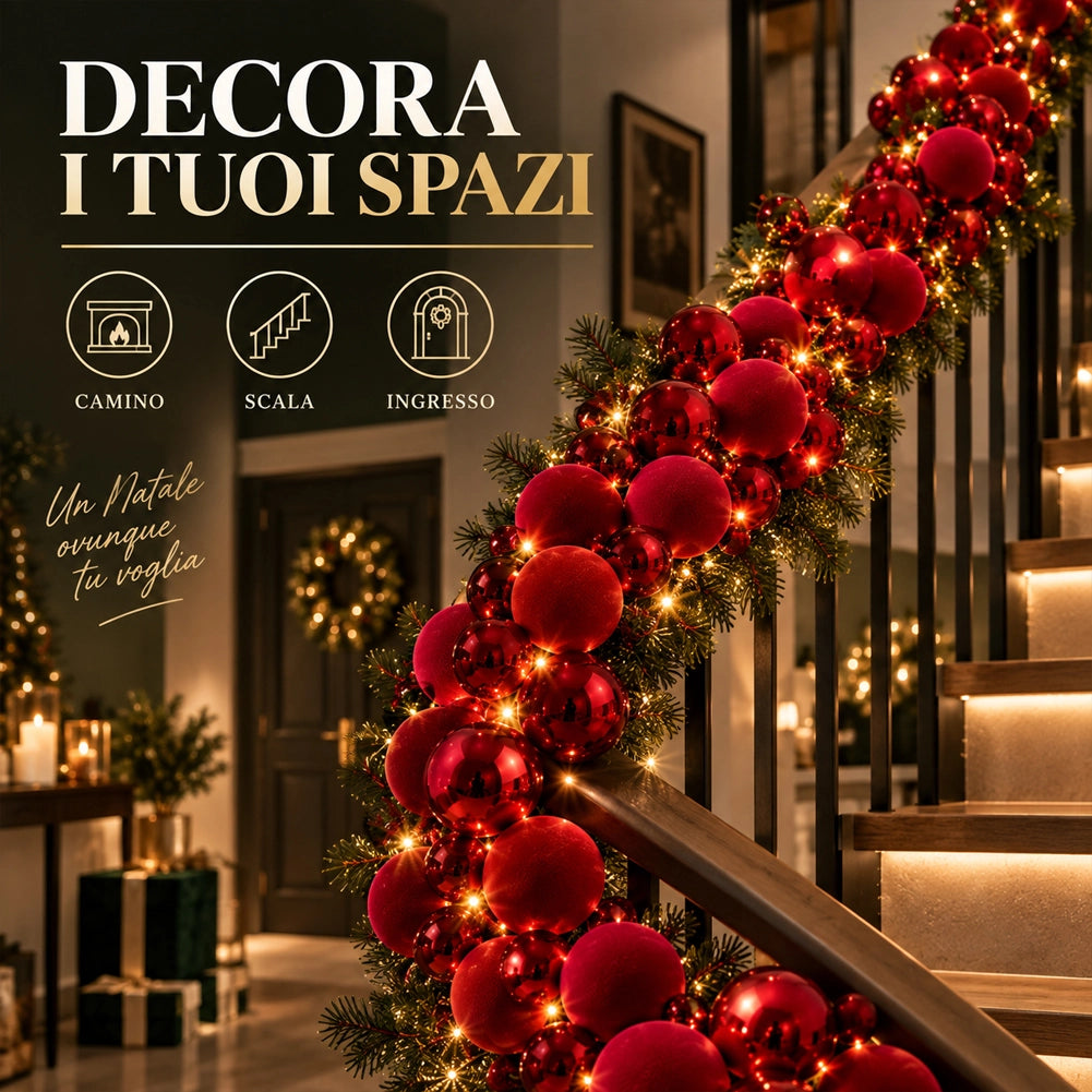 Ghirlanda Natalizia Festone 180cm 142 Sfere e Led Addobbo Lucido e Velluto Rosso