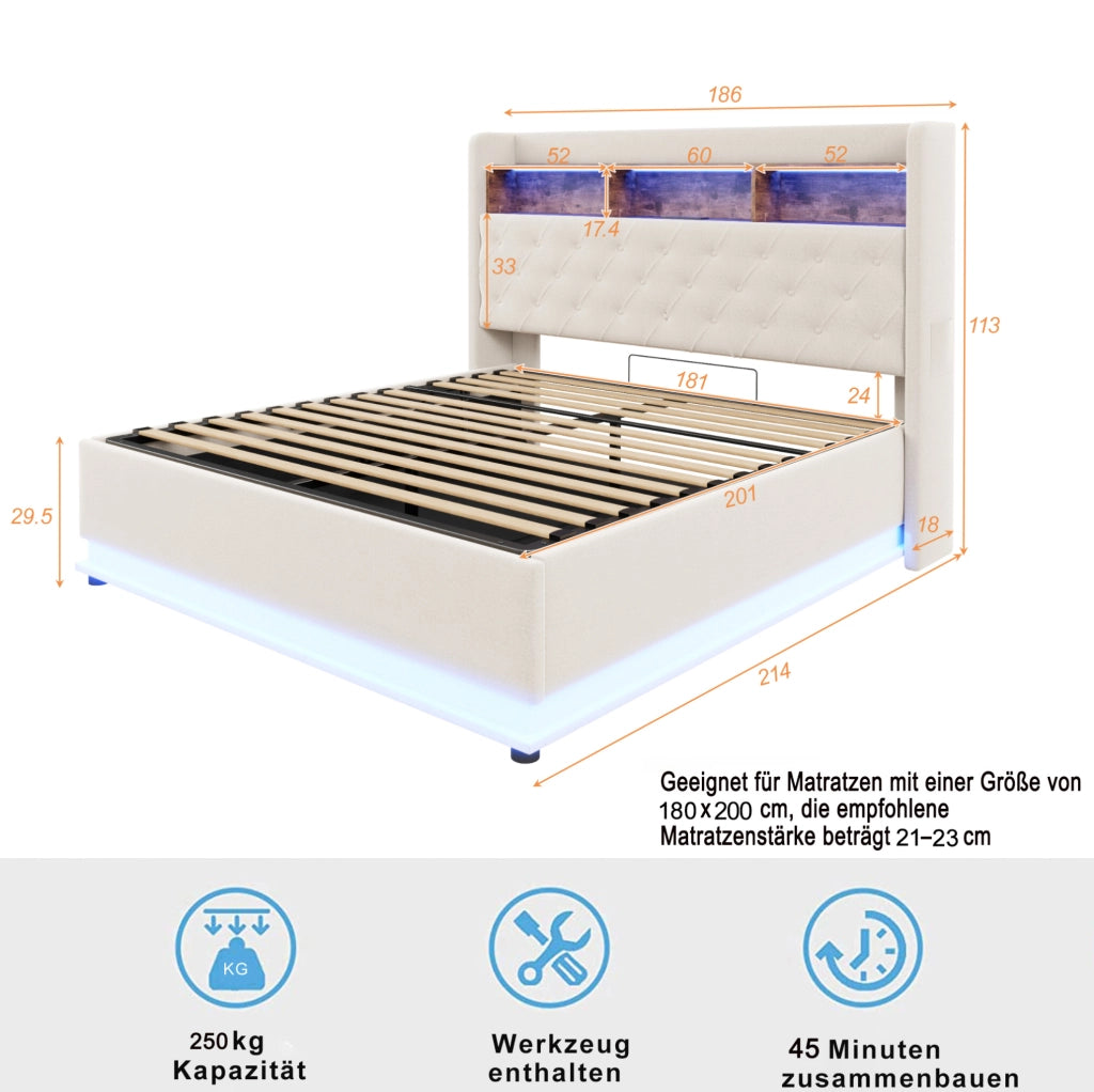 Letto Imbottito LED Beige 180x200 cm con USB, Contenitore Idraulico e Testiera con Vani