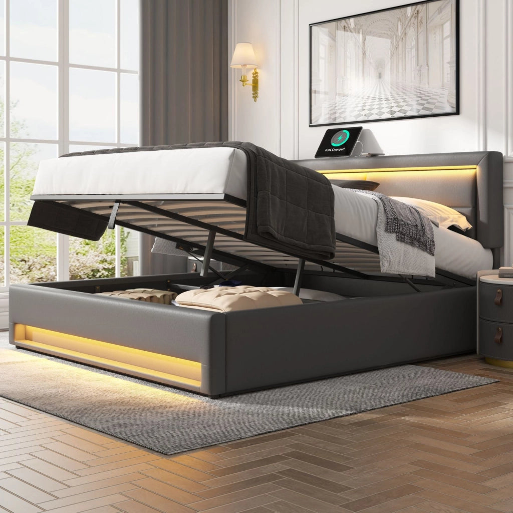 Letto imbottito grigio 140 x 190 cm con USB, LED e contenitore