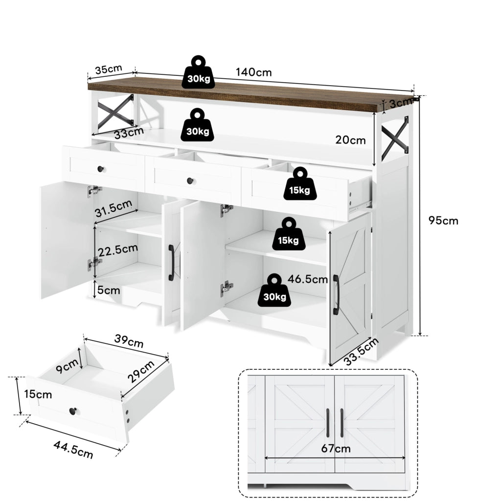 Credenza buffet 140x35x95 cm con 3 cassetti e 2 ante in MDF marrone e bianco