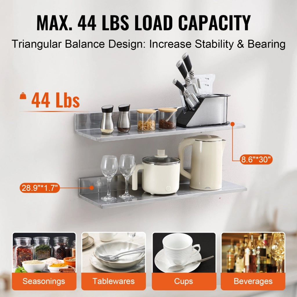 Set 2 Mensole da Parete a L in Acciaio Inox 762 x 218 x 85 mm Scaffale Murale Portaspezie Robusto per Cucina Portata Max 20kg