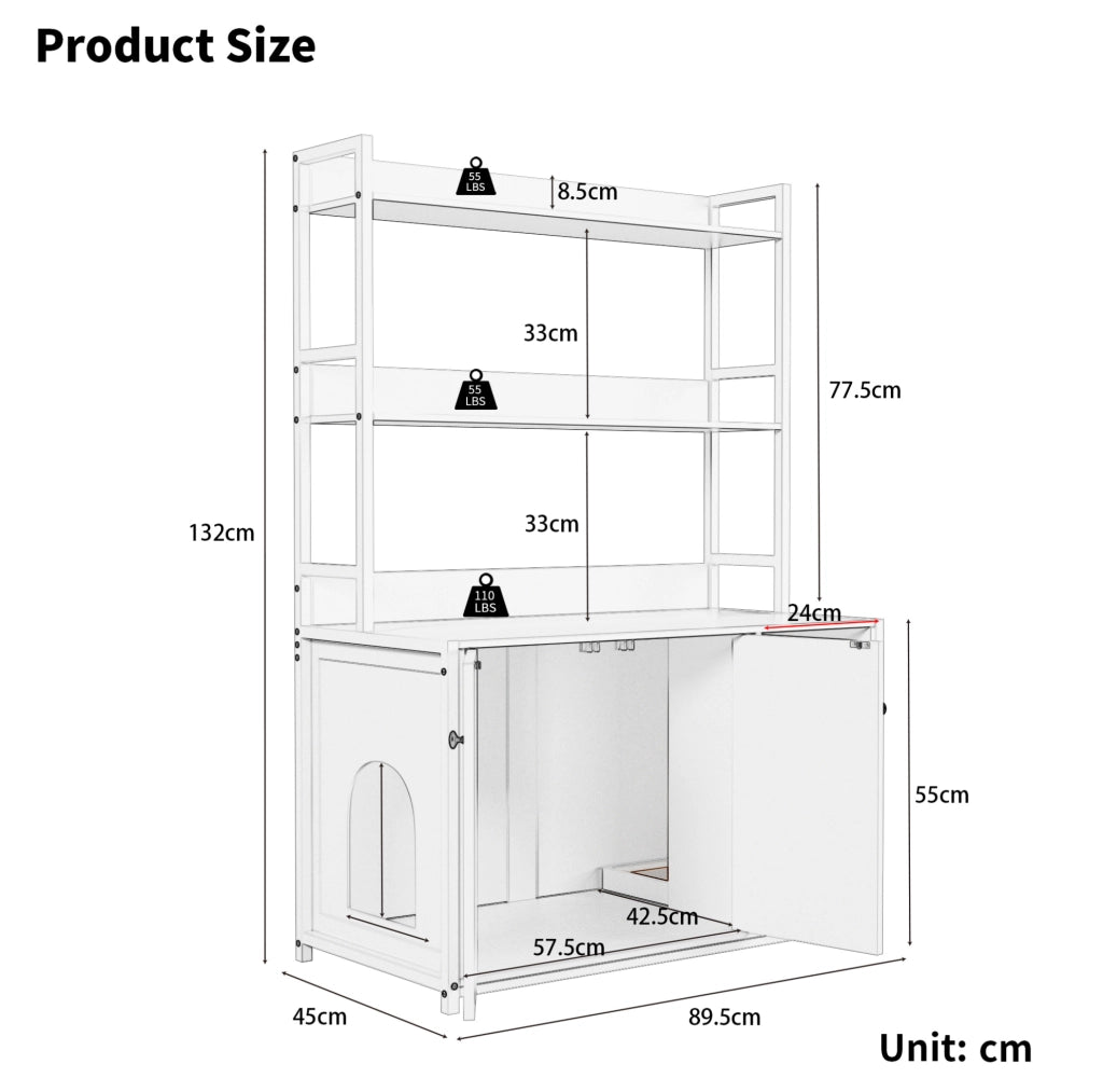 MOBILETTO LETTIERA per gatti con scaffali 3 livelli, nero, MDF e metallo