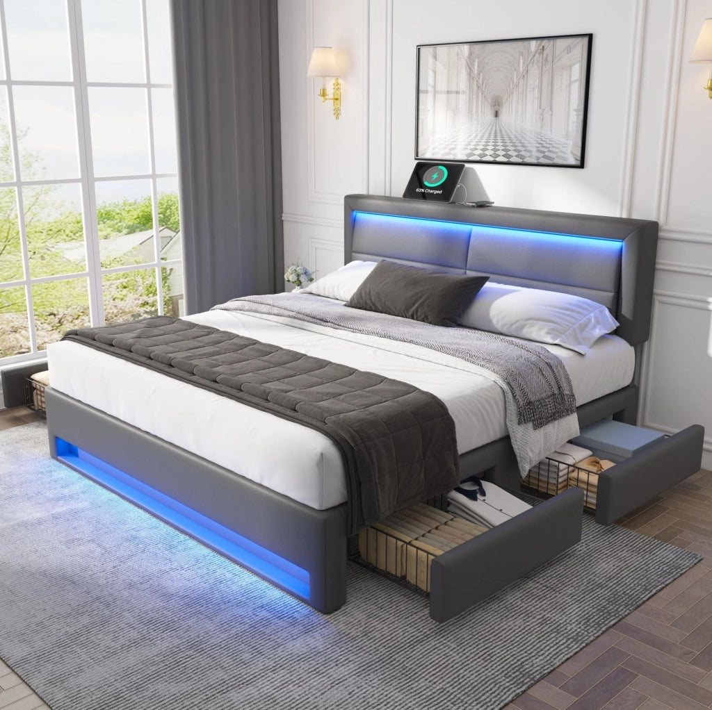 Letto imbottito 140 x 190 cm grigio con USB, LED e 4 cassetti