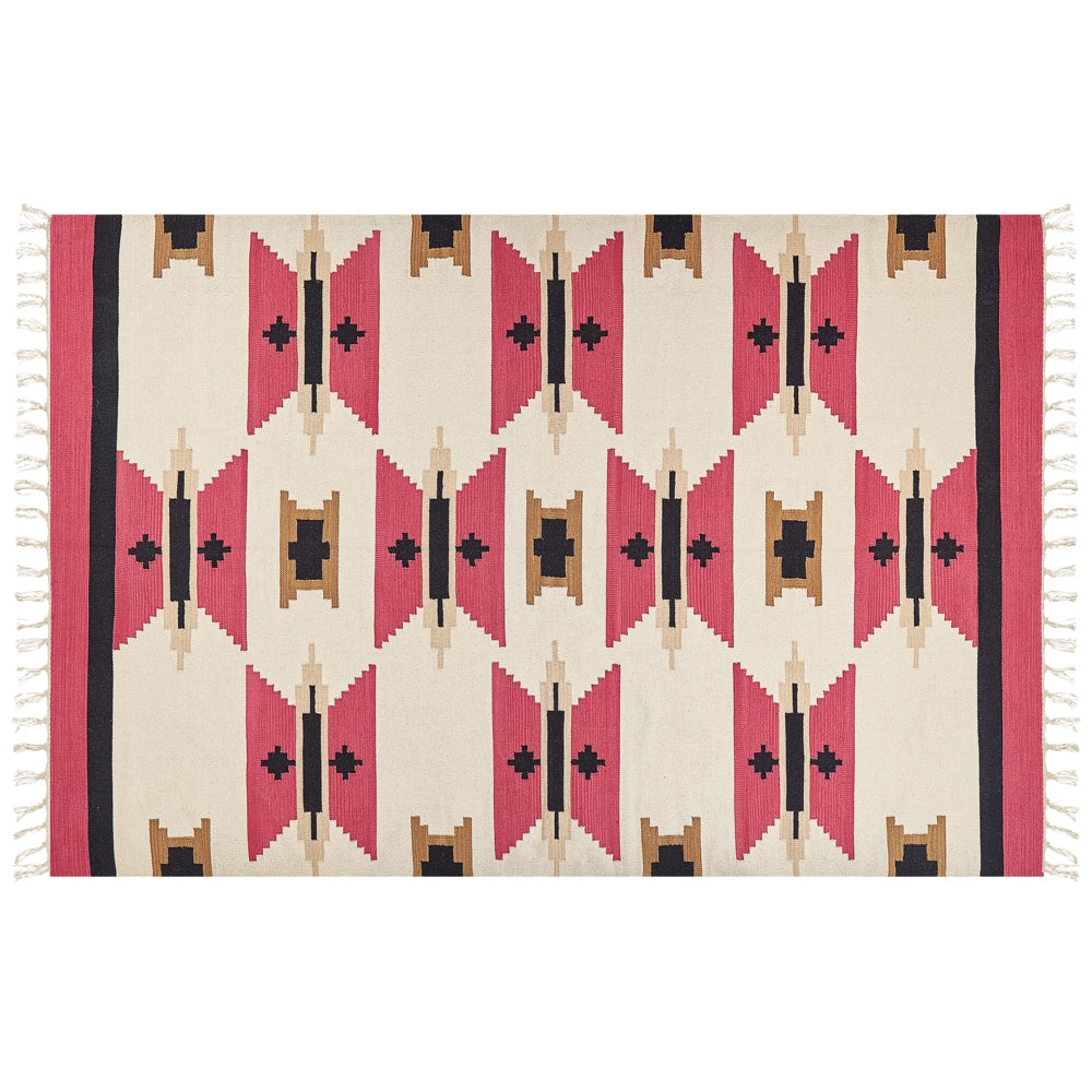 Tappeto Kilim in cotone tessuto a mano reversibile con motivo geometrico e nappe multicolore 200 x 300 cm soggiorno camera da letto