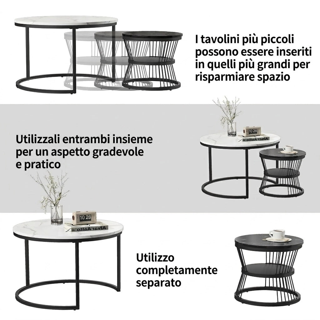 Tavolino salotto rotondo 70x70x45 cm set 2 pezzi tavolino da divano impilabile effetto marmo struttura in metallo - nero e bianco