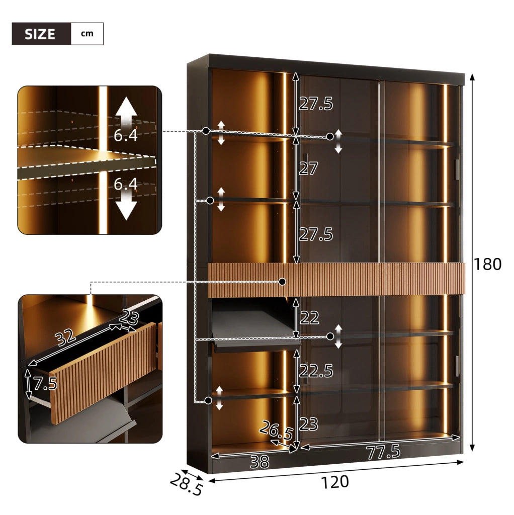 Vetrina 120 x 28,5 x 180 cm con ante scorrevoli in vetro temperato grigio, LED integrato, 3 cassetti e ripiano ribaltabile