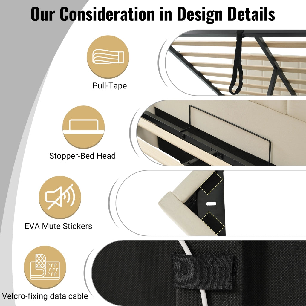 Letto Contenitore Matrimoniale 160x200 cm; USB e Type-C; LED 360°; Beige