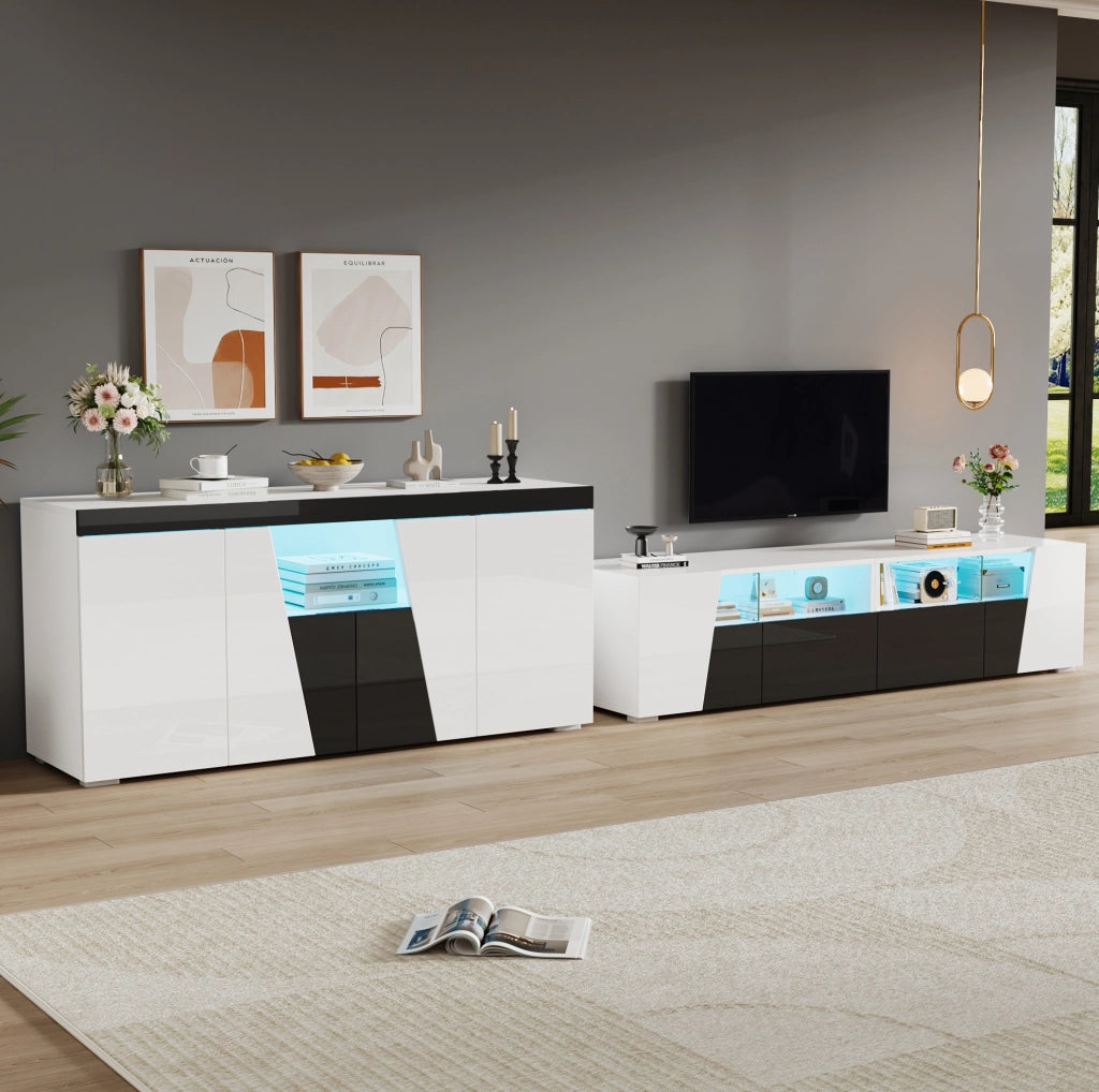Set mobile TV LED e sideboard; bianco e nero; 180 × 38;5 × 45 cm e 140 × 40 × 65 cm