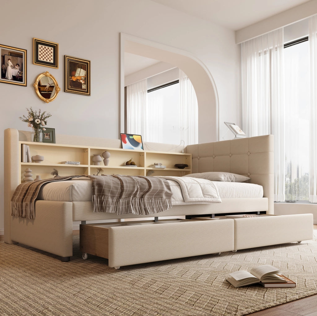 Letto singolo 90 x 200 cm beige con 2 cassetti, prese USB e USB-C