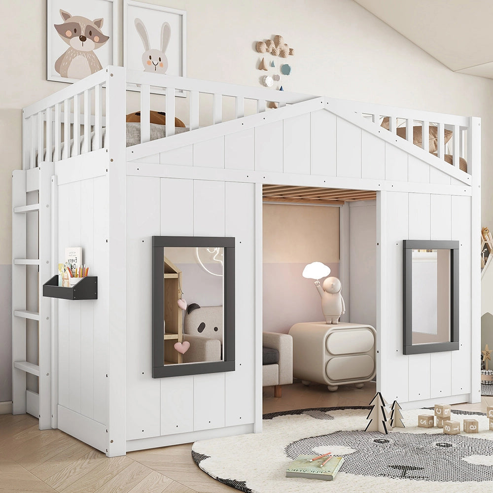 Letto a Castello Casa Bambini – Xylo – 90x200cm, Scala, Protezione Anti-Caduta, Finestra, Letto Inferiore Libero, Bianco