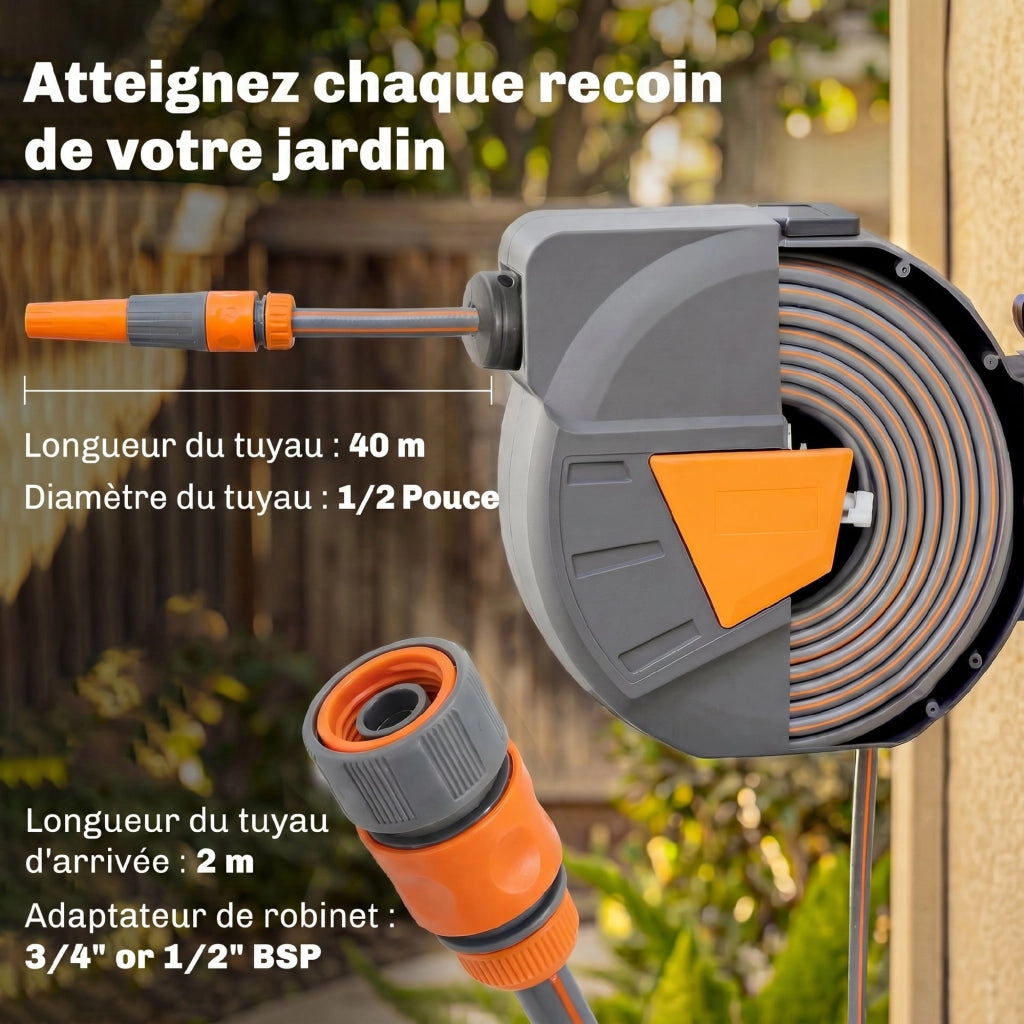 Enrouleur Tuyau Arrosage Mural 40+2 m x Ø 15mm, Dévidoir de Tuyaux d'Eau Rétractable Automatique Pivotant à 180°, Orange