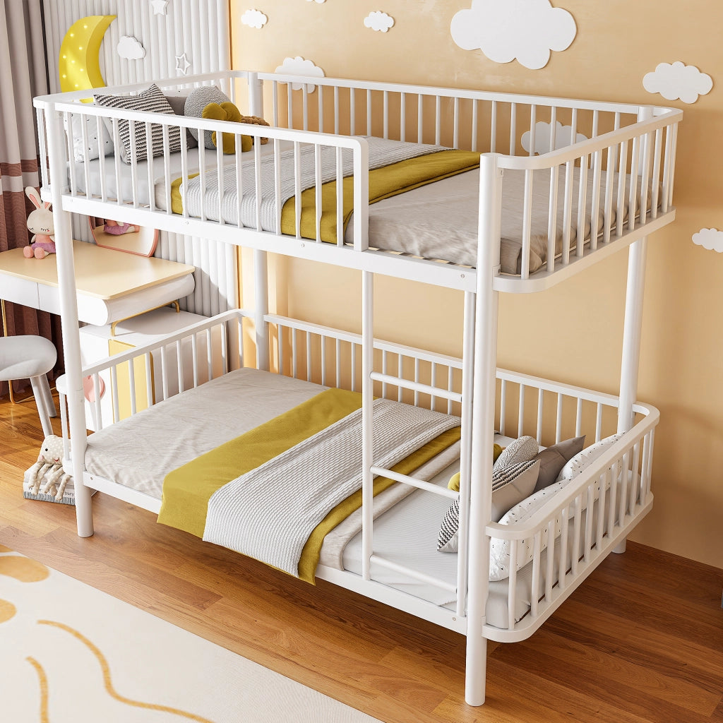 Letto a castello 90 × 200 cm 2 posti con barriere di sicurezza, senza materasso, in metallo, bianco