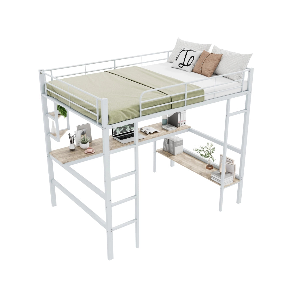 Letto a Soppalco con Scrivania e Libreria ¨C MINIMAL ¨C Metallo Bianco 140x200