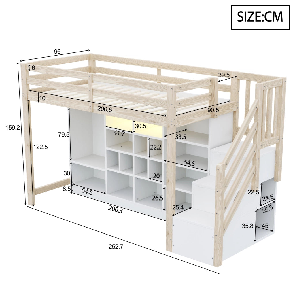 Letto a soppalco 90 x 200 cm con armadio, scaffali contenitori e scala laterale