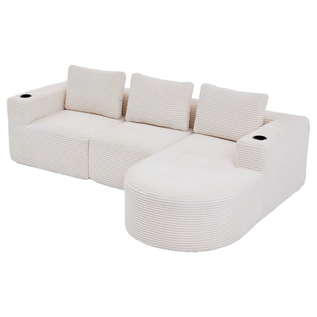 Divano 2 posti beige in velluto a coste 265 cm con portabicchieri e cuscini