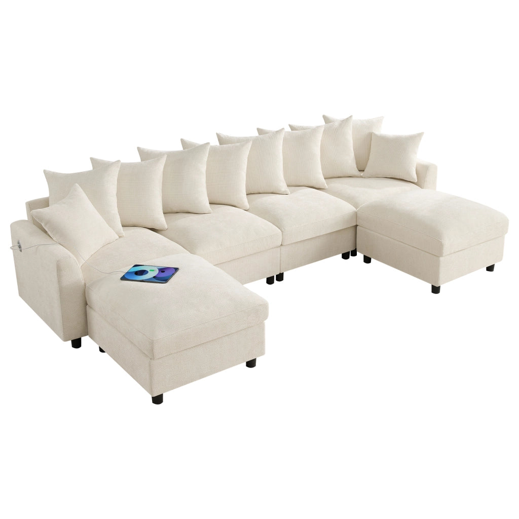 Divano modulare 6 posti a U o L con 2 pouf prese USB e Type-C 8 cuscini regolabili in ciniglia beige