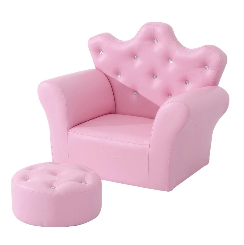 Poltroncina per bambini ULEVR rosa con pouf, braccioli e seduta imbottita in similpelle