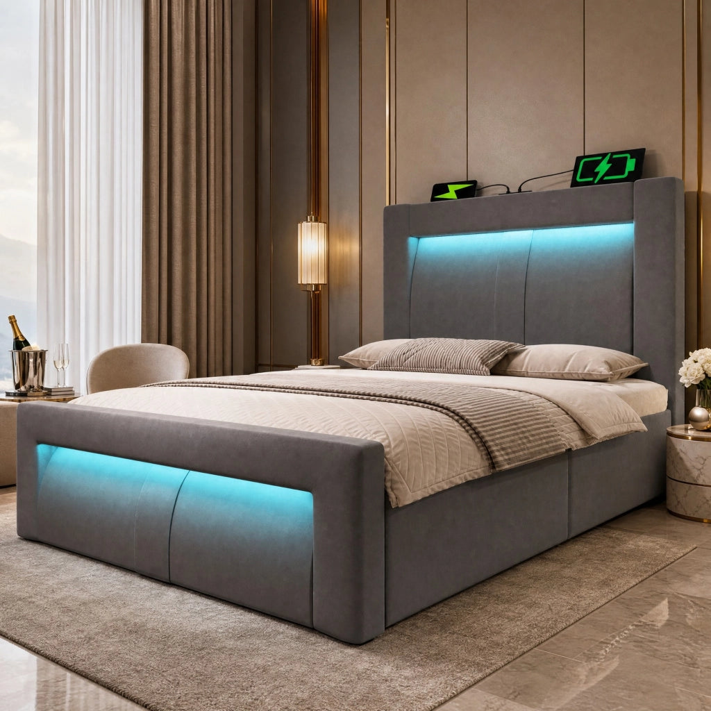 Letto singolo 90x200 cm con contenitore idraulico, LED e ricarica USB-C, grigio