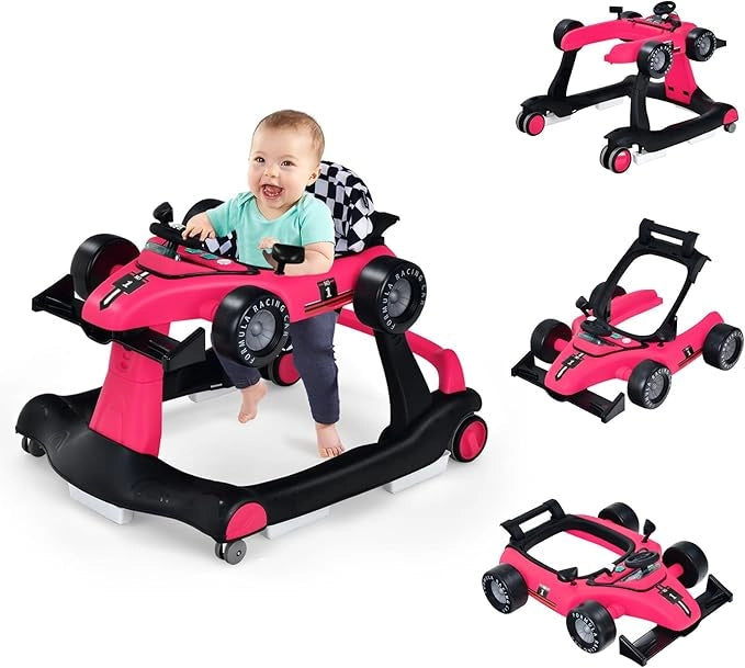 Girello per Bambini 4 in 1, Girello Pieghevole con Altezza e Velocità Regolabili, Carillon con Luci, Volante, Primi Passi per Bambini 6-18 Mesi, Portata 15 kg (Profondo Rosso)